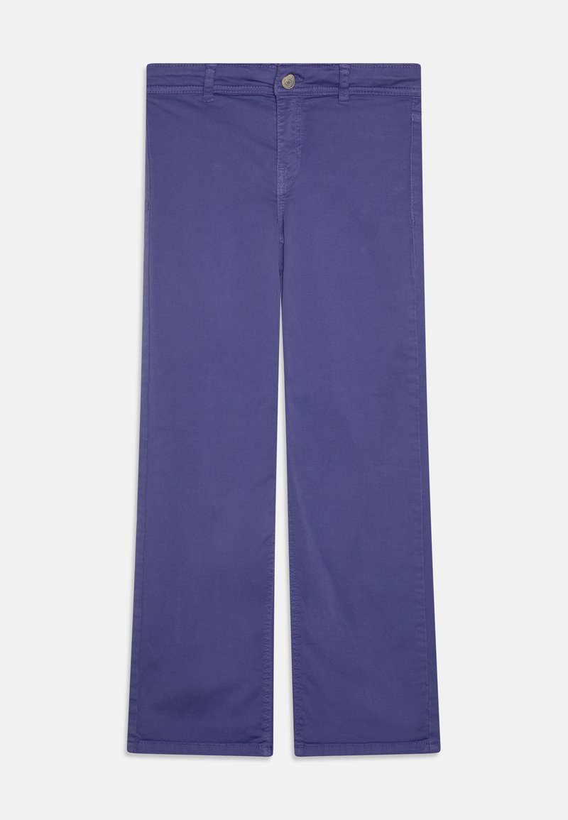 Pantalon en coton violet avec une coupe droite, doté d'une fermeture à bouton à l'avant et de poches. Texture lisse sans motifs visibles.
