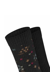 Czarne, prążkowane skarpetki za kolano z kwiatowym wzorem, z różowymi, brązowymi i niebieskimi akcentami, teksturowane dla komfortu i elastyczności.