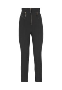 Pantaloni neri a vita alta con una vestibilità elegante, dotati di due tasche anteriori con zip e dettagli in zip color oro sul fronte. Realizzati in tessuto testurizzato.