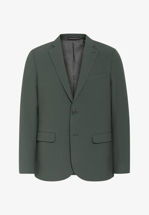 Enotna zeleni blazer iz gladkega blaga, z notch ovratnikom, dvema sprednjima žepoma in enim žepom na prsih.