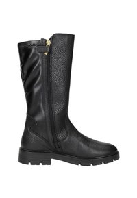 Zwarte leren kniehoog boots met een gestructureerde afwerking, een rits aan de zijkant en een rubberen zool. Heeft een ronde neus en minimale accenten.
