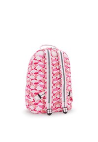 Zaino rosa con un motivo ripetuto di forme bianche e rosa scuro. Presenta spallacci imbottiti, una maniglia superiore e una chiusura con zip.