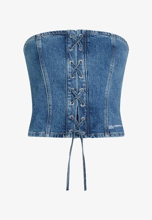 Blauwe denim strapless top in corsetstijl met vetersluiting aan de voorkant en zichtbare stiksels, met een klein wit merklogo aan de onderzijde.