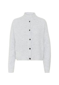 Hellgraue Strickjacke mit hohem Kragen, sechs schwarzen Knöpfen auf der Vorderseite und locker sitzenden Ärmeln. Weiche Textur und geripptes Muster.