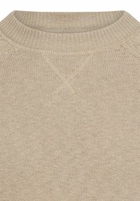 Beige knitted sweater featuring a ribbed crew neck, textured fabric, and subtle stitching details. Sleek and lightweight design.