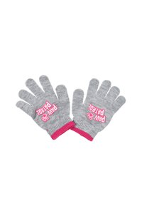 Guantes de lana gris con puños de canalé rosa y texto impreso "Paw Patrol" junto a un gráfico de patas en las palmas.