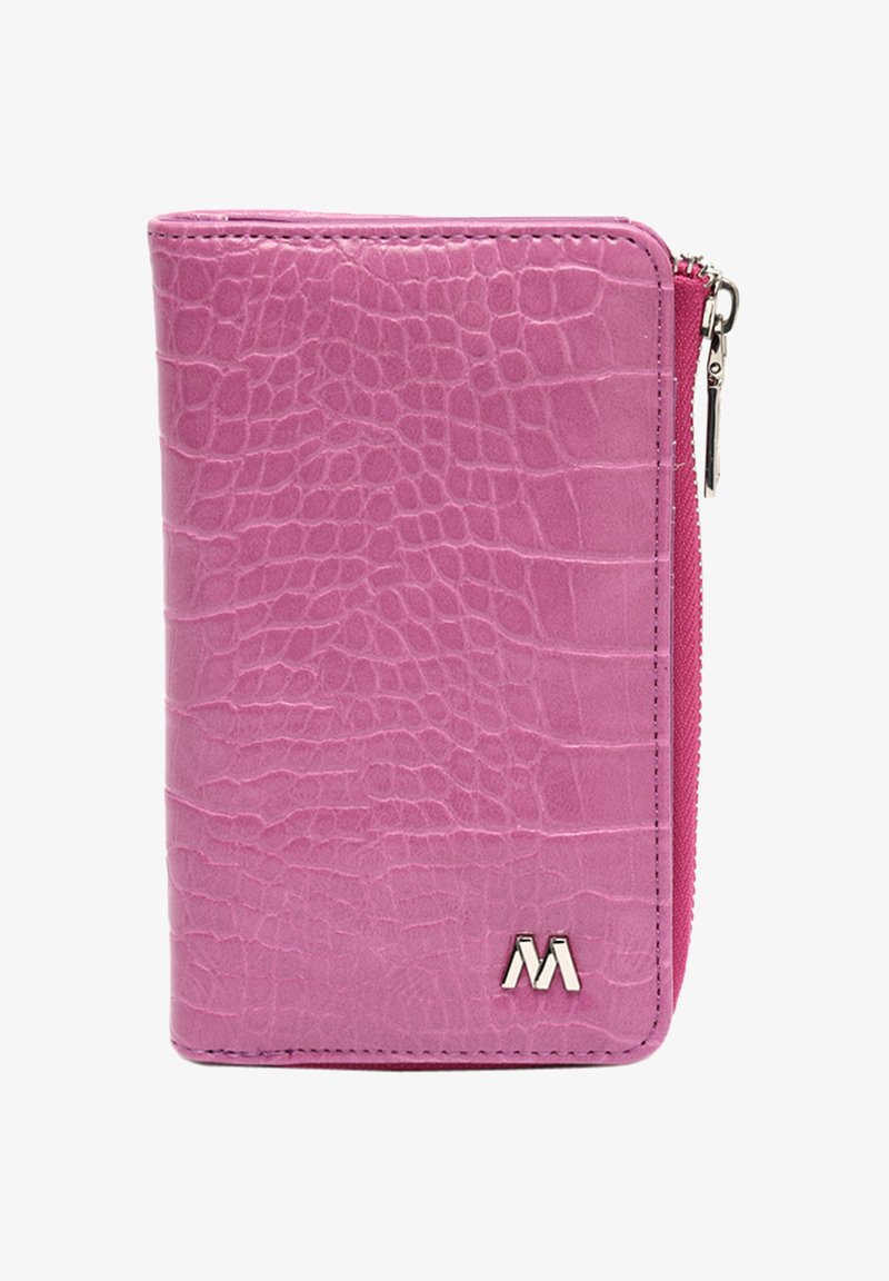 Pink zippered wallet with a textured, crocodile-like pattern, featuring a silver logo, smooth edges, and a contrasting zipper detail.