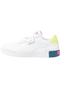 White sneaker with perforated leather upper, white rubber outsole, and distinctive accents in pink, teal, and neon yellow on the heel.