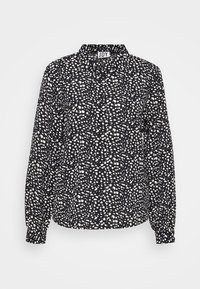 Black and white long-sleeve shirt featuring a dotted pattern, button front, and a small collar. Made from a lightweight fabric with a smooth texture.