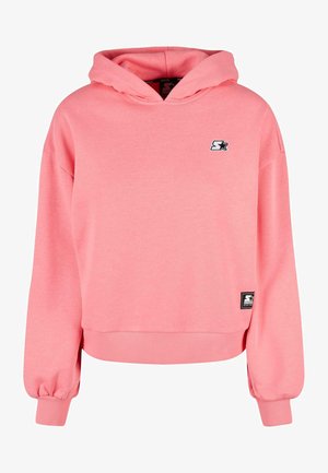 Ružová mikina s kapucňou, rebrovanými manžetami a spodným lemom. Obsahuje malé logo na hrudi a štítok na dolnej strane. Mäkká textúra.