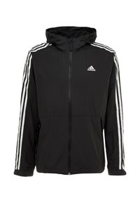 Svart zip-up jacka tillverkad av lätt material. Har en huva, två sidofickor och vita tre-rands accenter längs ärmarna.