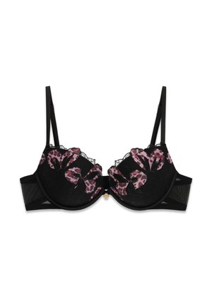 Soutien-gorge noir à armatures avec superposition de dentelle florale rose et noire et bretelles réglables.