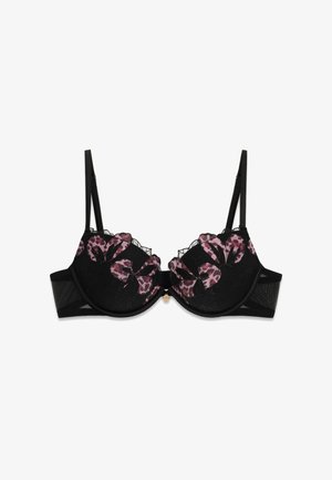 Sujetador negro con aro con encaje floral rosa y negro superpuesto y tirantes ajustables.