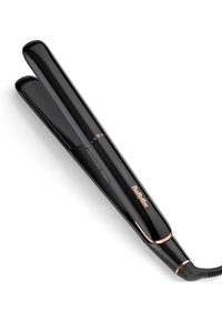 Zwarte BaByliss haarstijlper met roségouden accenten, digitaal display en snoer op een witte achtergrond.