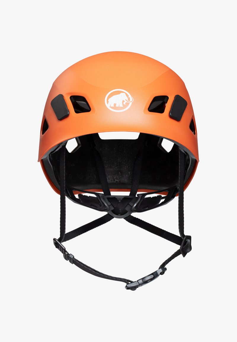 Oranger Kletterhelm mit Belüftungsöffnungen, schwarzen verstellbaren Riemen, mattem Finish und einem Logo, das einen Mammut auf der Vorderseite zeigt.