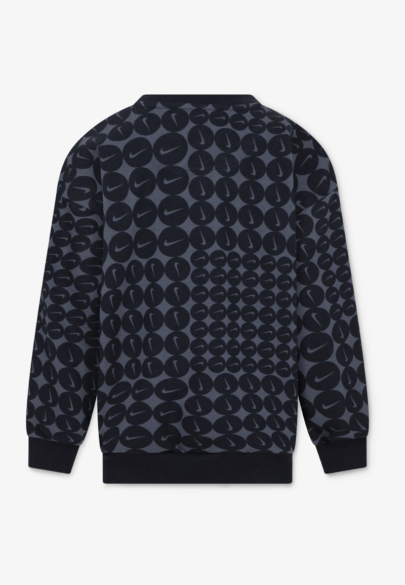 Donkerblauwe sweatshirt met een all-over patroon van cirkelvormige figuren met Nike-logo's, geribde manchetten en een ronde hals ontwerp.