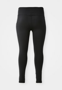 Black leggings made of stretchy fabric with a high waist, smooth texture, and ankle-length cut. No visible patterns or hardware details.