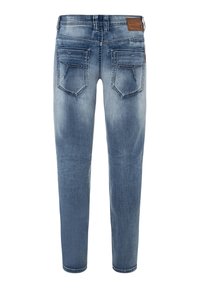 Blaue Jeans aus Denim mit schmaler Passform, Fünf-Taschen-Design, Hintertaschen mit Akzentnähten und einem braunen Leder-Logo-Patch am Bund.