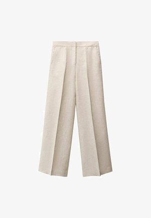 Beige linen wide-leg trousers with pleats, featuring a high waist and side pockets. The fabric has a smooth, textured finish.