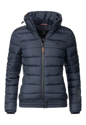 Navy blue puffer jacket with a hood, zip closure, elastic cuffs, and two side pockets. Features horizontal stitching and leather accents.