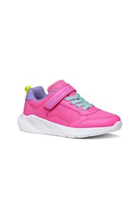 Scarpe sportive rosa in mesh e materiale sintetico, con cinturino in velcro, lacci azzurri e suola bianca testurizzata.