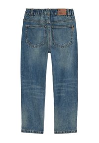 Modre kavbojke z elastičnim pasom, petimi žepi in zbledelim videzom. Na zadnjem pasu se nahaja oznaka blagovne znamke. Design ravne nogavice.