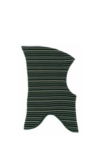Cappuccio lavorato a maglia a righe verdi con una parte superiore larga e appuntita e una base arrotondata. Presenta strisce orizzontali alternate di verde scuro e verde chiaro.