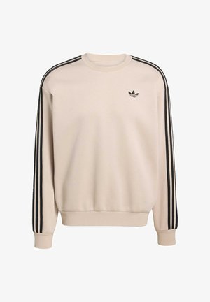 Beige sweatshirt with black three-stripe accents on sleeves, ribbed cuffs and hem, round neckline, and small black logo on chest.