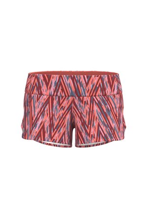 Kurze Trainingsshorts in einem rot-pinken Zickzackmuster, aus leichtem Material mit einem breiten, bequemen Bund und kontrastierenden Akzenten.