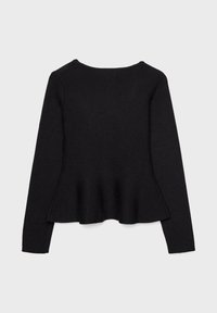 Crni longsleeve top od mekog materijala s okruglim izrezom i proširenim rubom, s jednostavnim dizajnom bez uzoraka ili akcenata.