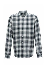 Camisa de manga larga con un patrón de cuadros en blanco y negro, que presenta un cuello puntiagudo, cierre de botones y material de algodón con una textura suave.