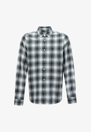 Koszula z długim rękawem w czarno-białą kratę, z kołnierzykiem w szpic, zapięciem na guziki i gładkim materiałem bawełnianym.