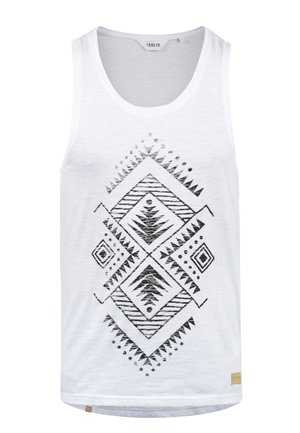 Witte mouwloze tanktop met een zwart geometrisch patroon van diamanten en lijnen; gemaakt van zachte, lichte stof.