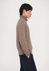 Brown, knit turtleneck sweater with a relaxed fit, ribbed cuffs, and hem. Worn with navy pinstriped trousers, showcasing a side profile.
