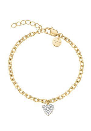 Gouden kettingarmband met karabijnsluiting, verstelbare schakels, een ronde bedel gegraveerd met "ROSEFIELD" en een hartvormige bedel bezet met heldere kristallen.