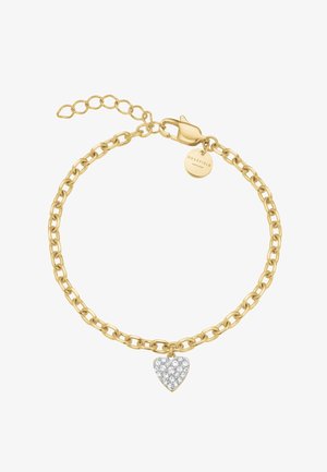 Gouden kettingarmband met karabijnsluiting, verstelbare schakels, een ronde bedel gegraveerd met "ROSEFIELD" en een hartvormige bedel bezet met heldere kristallen.