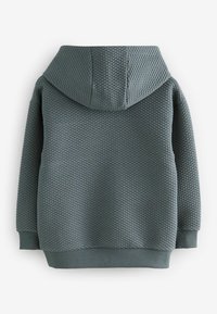 Felpa scura in teal con un motivo a rombi testurizzati, dotata di cappuccio e polsini a costine sulle maniche e sull'orlo, vista da dietro.