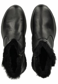 Botas de tobillo de cuero negro con forro de piel sintética, cremalleras laterales y punteras redondeadas. Textura suave con detalles de costura sutiles.