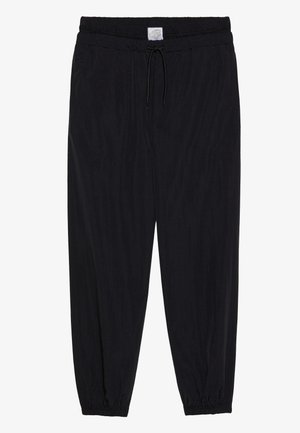 Black loose-fitting pants with an elastic waistband and adjustable drawstring. Smooth texture with tapered legs and elastic cuffs at the ankles.