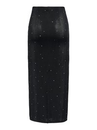 Longue jupe crayon noire avec de petites taches blanches dispersées et une subtile fente à l'avant.