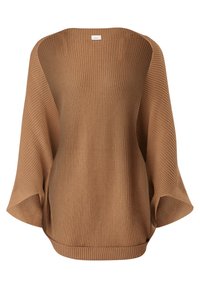 Bruine geribbelde trui met brede mouwen en een ronde hals. Zachte textuur, relaxte pasvorm en een gebande zoom. Geen zichtbare sluitingen.