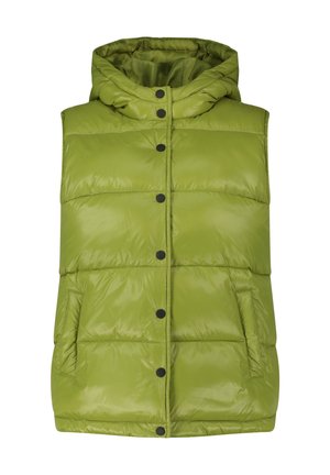 Vihreä toppaliivi, jossa on huppu ja mustat nepparit edessä, sekä kaksi sivutaskua.