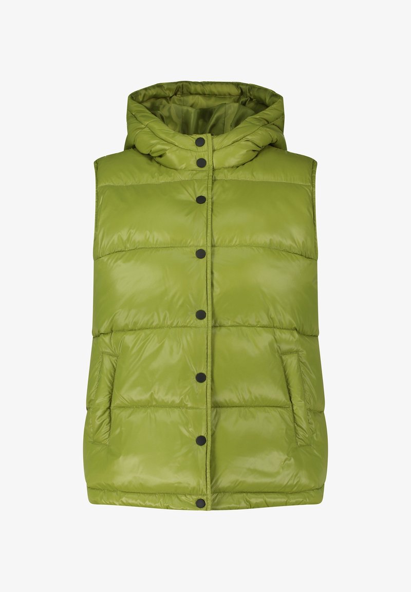 Veste sans manches matelassée verte avec capuche et boutons-pression noirs sur le devant, avec deux poches latérales.