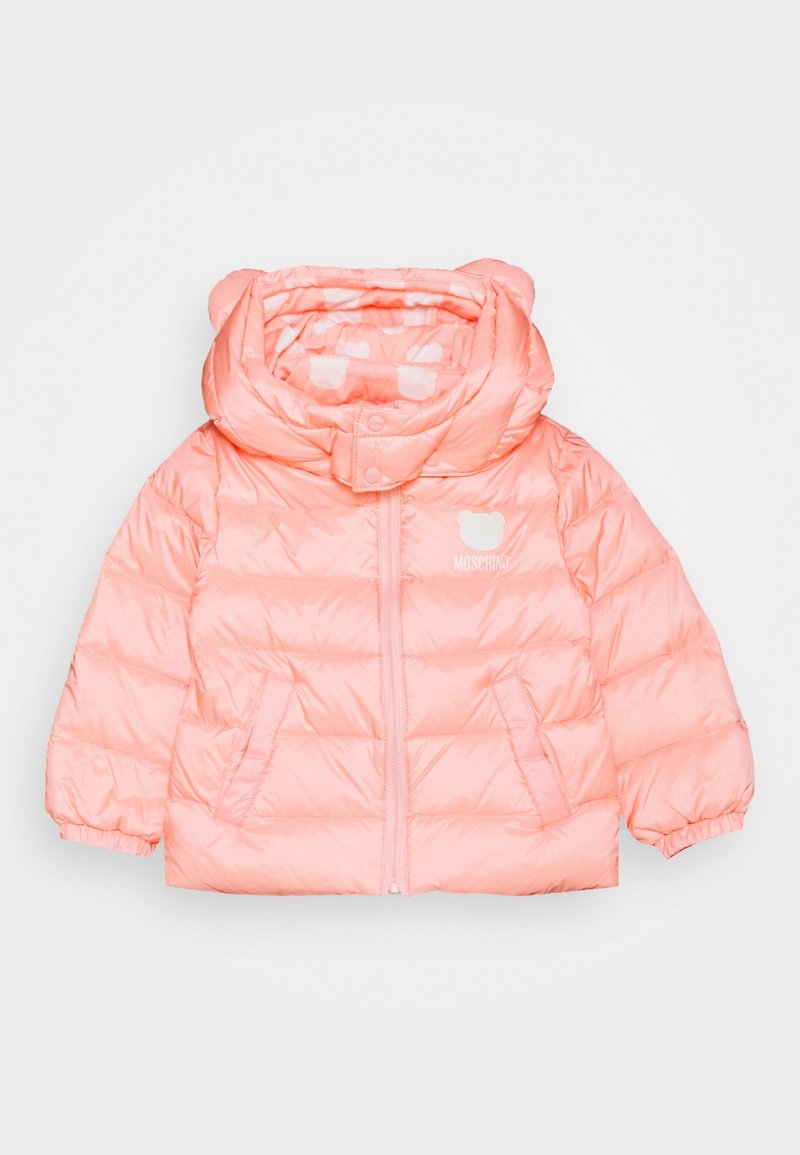 Veste matelassée rose clair pour enfant avec capuche, petites oreilles d’ours et deux poches avant, fermeture éclair et boutons au col.