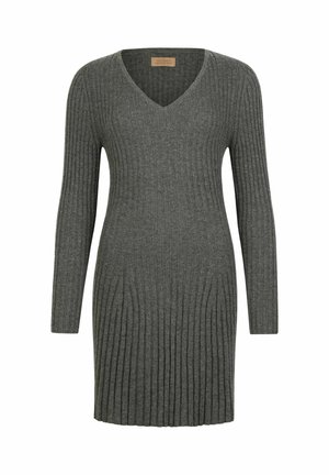Graues, geripptes Strickkleid mit langen Ärmeln, V-Ausschnitt und figurbetontem Schnitt, der bis zum Knie reicht, mit vertikaler Rippenstruktur.