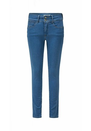 Blauwe slim-fit jeans met dubbele knoopsluiting, voorzakken, ceintuurlussen en taps toelopende pijpen tot aan de enkels.