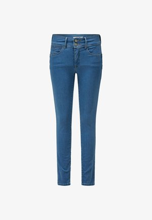 Blauwe slim-fit jeans met dubbele knoopsluiting, voorzakken, ceintuurlussen en taps toelopende pijpen tot aan de enkels.