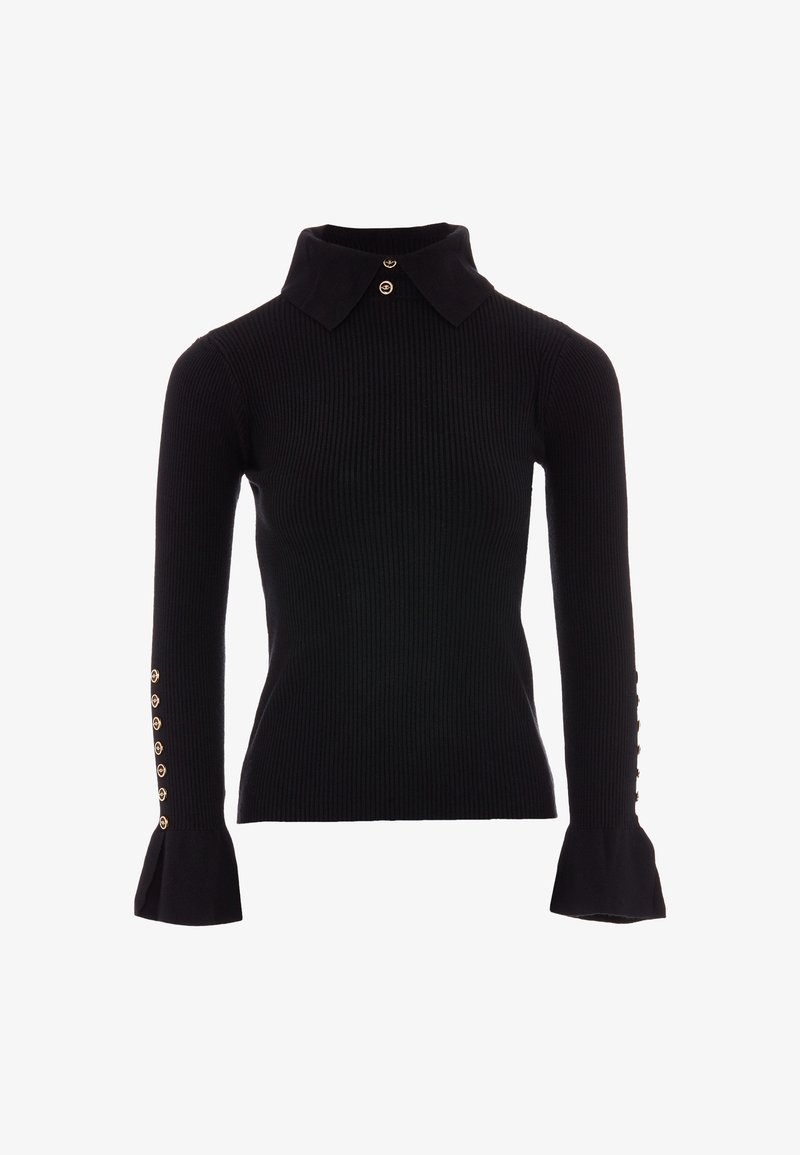 Fekete bordás pulóver, galléros dekoltárral és hosszú ujjakra. Arany gomb részletek találhatók az ujjak mandzsettáján és fodros csukló részen.