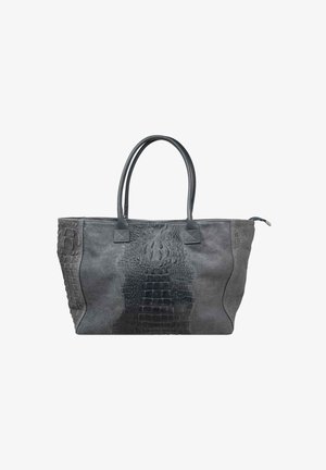 Gray leather tote bag with crocodile texture center panel and suede side panels, featuring two rounded handles and top zipper closure.