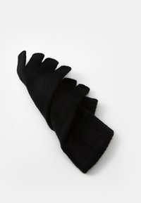 Black knitted fingerless gloves with a ribbed texture, featuring a snug fit, five separated fingers, and a minimalist design.